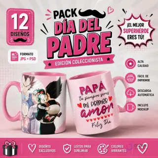 Banner promocional Pack Plantillas Tazas Día del Padre Vol.18 con 12 diseños JPG PSD, mockups y tazas de sublimación de Dragon Ball y frase 'Papá mi primer amor'.