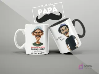 Mugs de sublimación con diseños del Chavo del 8 para el Día del Padre, fondo gris y texto 'Feliz Día Papá' y 'No te doy otra no más'.