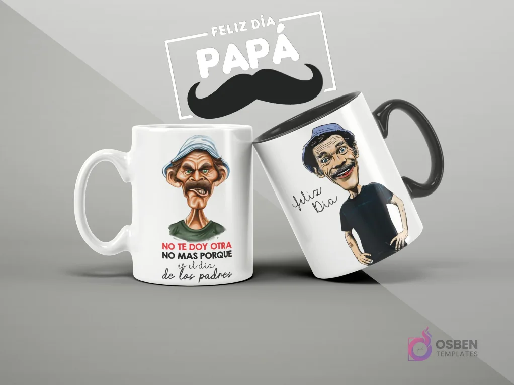 Mugs de sublimación con diseños del Chavo del 8 para el Día del Padre, fondo gris y texto 'Feliz Día Papá' y 'No te doy otra no más'.