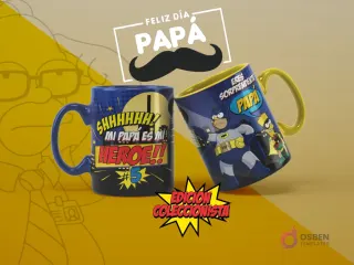 Tazas personalizadas para el Día del Padre con Homer Simpson como Batman y Bart/Lisa, diseño de superhéroe y 'Mi papá es mi héroe'.