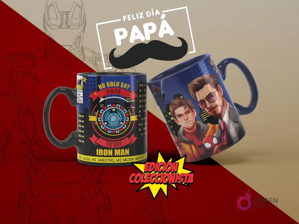 Mugs de sublimación con diseños de Iron Man y Spider-Man para el Día del Padre, ideal para padres fans de Marvel y 'No solo soy papá, yo soy Iron Man'.