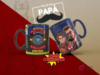 Mugs de sublimación con diseños de Iron Man y Spider-Man para el Día del Padre, ideal para padres fans de Marvel y 'No solo soy papá, yo soy Iron Man'.