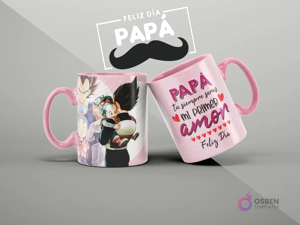 Tazas personalizadas con diseño de Dragon Ball Z (Vegeta, Bulma, Trunks, Pan) y frase emotiva 'Papá tú siempre serás mi primer amor' para el Día del Padre.