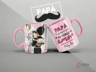 Tazas personalizadas con diseño de Dragon Ball Z (Vegeta, Bulma, Trunks, Pan) y frase emotiva 'Papá tú siempre serás mi primer amor' para el Día del Padre.