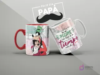 Mugs de sublimación con diseño de Goofy y Max para el Día del Padre, con mensaje sobre el legado del tiempo de un padre.