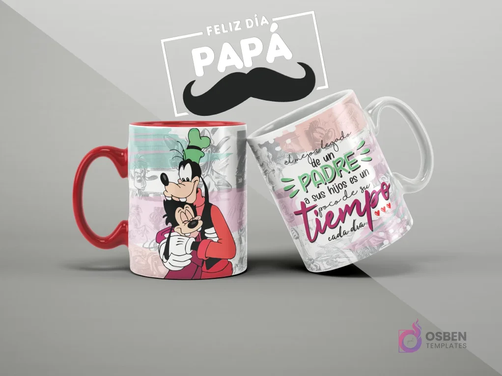 Mugs de sublimación con diseño de Goofy y Max para el Día del Padre, con mensaje sobre el legado del tiempo de un padre.