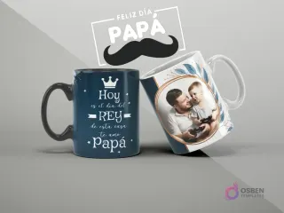 Mugs de sublimación con mensaje 'Hoy es el día del REY de esta casa Te amo papá' y foto de papá e hijo para el Día del Padre, diseño elegante.