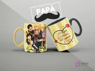 Tazas de sublimación con diseños de Los Minions y Gru para el Día del Padre, con mensaje humorístico 'El mejor Villano/Papá del mundo'.