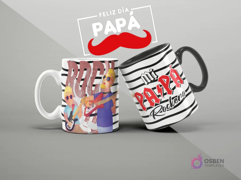 Mugs de sublimación con diseño de temática rockera para el Día del Padre, ideal para padres músicos o fans de rock, 'Mi papá rockero'.