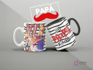 Mugs de sublimación con diseño de temática rockera para el Día del Padre, ideal para padres músicos o fans de rock, 'Mi papá rockero'.