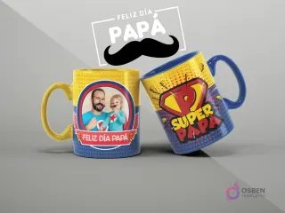 Mugs de sublimación con diseños de 'Super Papá' y foto de padre e hijo disfrazados de superhéroes para el Día del Padre.