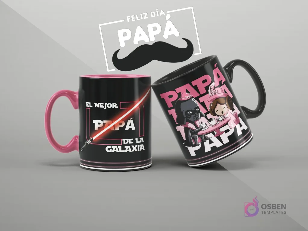 Tazas de sublimación con diseños de Darth Vader y Star Wars para el Día del Padre, con mensaje 'El mejor papá de la galaxia'.