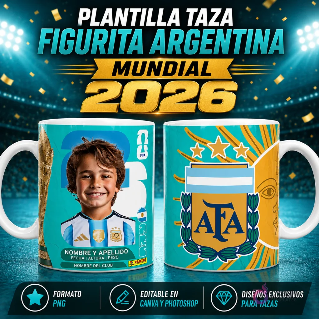 Dos tazas blancas de cerámica sublimadas con diseño de figurita de la Selección Argentina para el Mundial 2026. La taza delantera muestra un niño sonriendo con camiseta argentina y la Copa del Mundo, con campos editables para nombre, fecha, altura, peso y club, como una figurita Panini. La taza trasera exhibe el logo de AFA, tres estrellas, el Sol de Mayo y los colores de la bandera argentina. El fondo es un estadio de fútbol con luces y confeti, con textos promocionales como 'Plantilla Taza Figurita Argentina Mundial 2026', 'Formato PNG', 'Editable en Canva y Photoshop' y 'Diseños Exclusivos Para Tazas'.