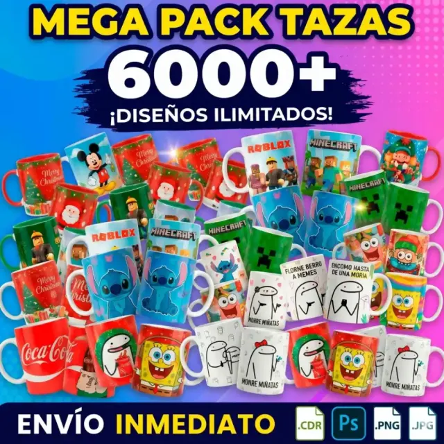 Muestra del Mega Pack de 6000 diseños para sublimación con ejemplos de plantillas para tazas, poleras y textiles en formato PSD y PNG.