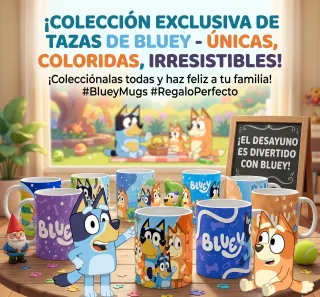 Colección exclusiva de plantillas para tazas de Bluey y su familia, con diseños coloridos y divertidos ideales para regalos infantiles y desayunos.