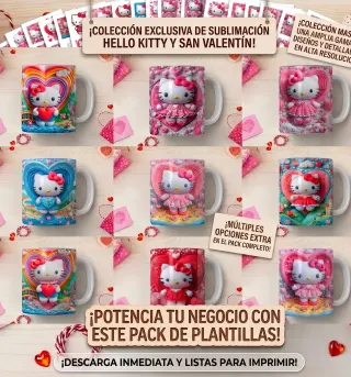 Catálogo de plantillas para sublimar tazas de Hello Kitty con temática de San Valentín, presentando diseños románticos en estilo 3D y corazones.
