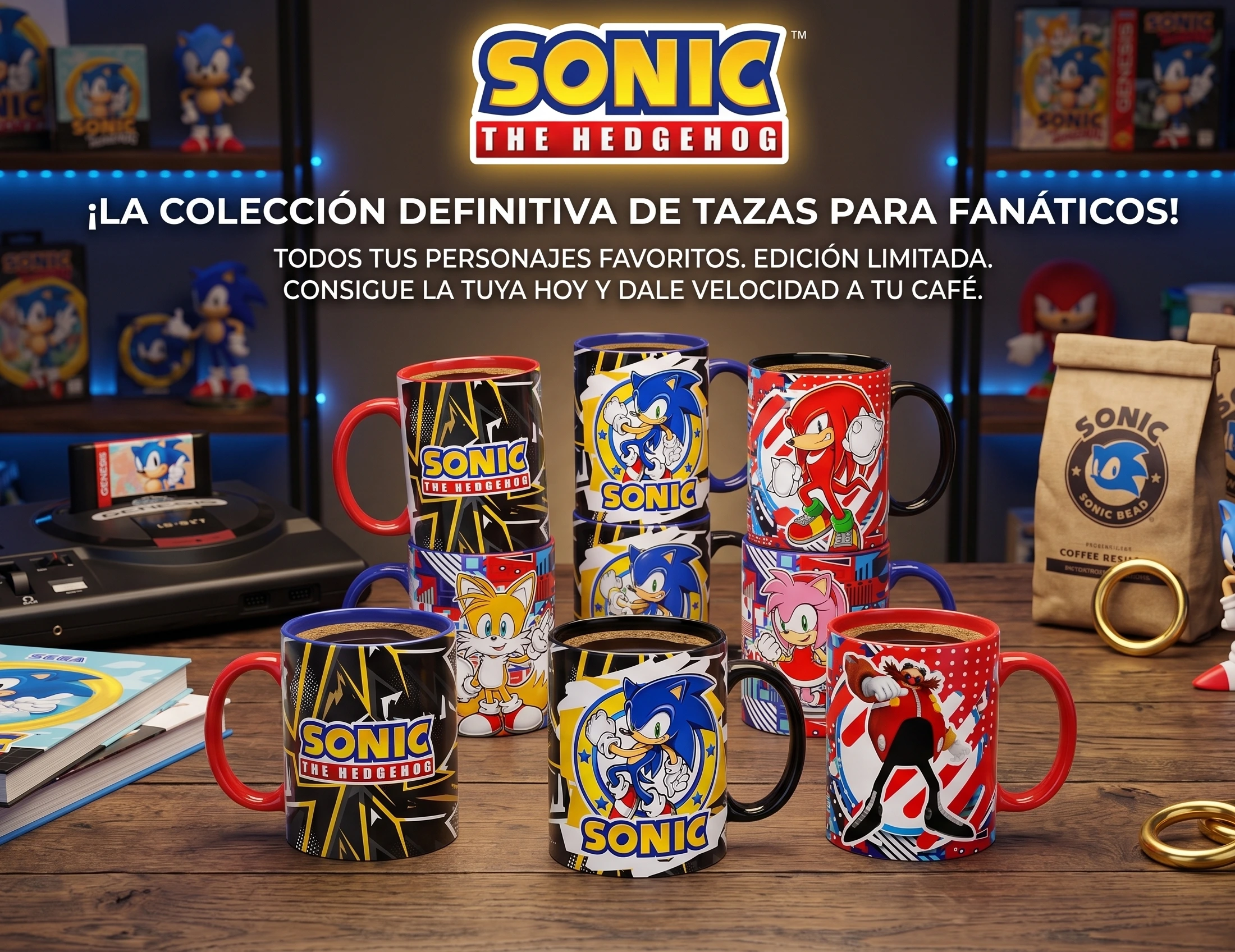 Colección definitiva de tazas de Sonic The Hedgehog para fanáticos, mostrando a personajes clásicos como Sonic, Tails, Knuckles y Dr. Eggman en estilo retro.