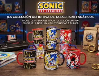 Colección definitiva de tazas de Sonic The Hedgehog para fanáticos, mostrando a personajes clásicos como Sonic, Tails, Knuckles y Dr. Eggman en estilo retro.