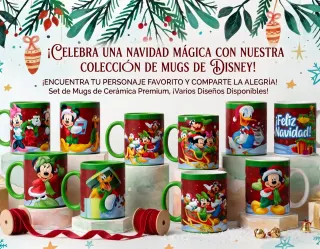Set de tazas de cerámica premium con temática de Navidad de Disney, que incluye diseños festivos de Mickey Mouse, Minnie, el Pato Donald y Pluto.