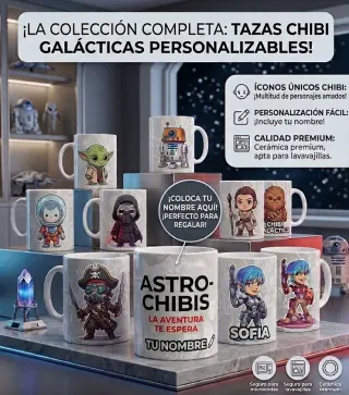 Colección completa de tazas galácticas personalizables con personajes del espacio en estilo Chibi, donde se puede incluir el nombre para un regalo único.