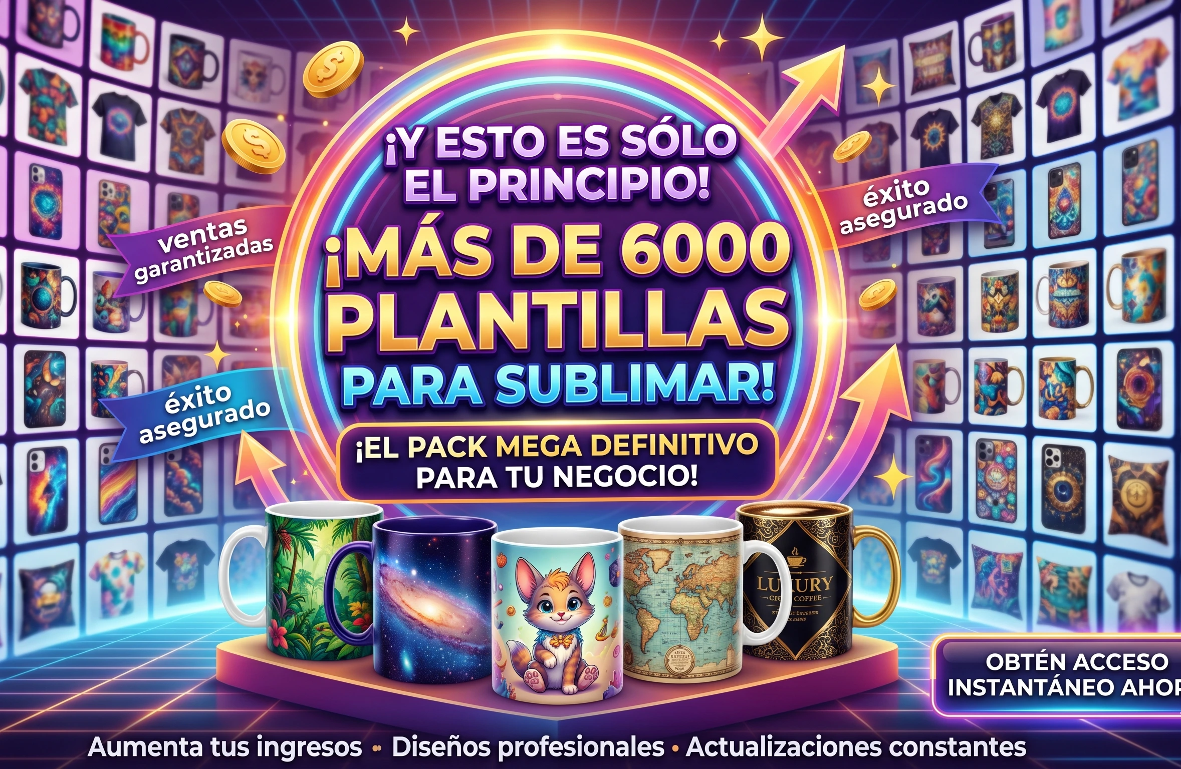 Anuncio de colección premium con más de 6000 plantillas para sublimación de tazas, mostrando diseños de galaxias, mascotas y estilos de lujo para potenciar tu negocio.