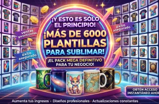 Anuncio de colección premium con más de 6000 plantillas para sublimación de tazas, mostrando diseños de galaxias, mascotas y estilos de lujo para potenciar tu negocio.