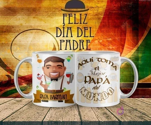 Mockup de taza sublimada Día del Padre con diseño de 'Papá Barman' preparando cócteles, y el texto 'Aquí toma el Mejor Papá del Mundo'.