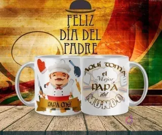 Mockup de taza sublimada Día del Padre con diseño de 'Papá Chef' con gorro y utensilios de cocina, y el texto 'Aquí toma el Mejor Papá del Mundo'.