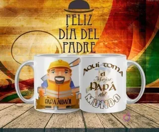 Mockup de taza sublimada Día del Padre con diseño de 'Papá Albañil' con casco y chaleco reflectante, y el texto 'Aquí toma el Mejor Papá del Mundo'.