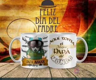 Mockup de taza sublimada Día del Padre con diseño de 'Papá Aviador' con casco de piloto y gafas, y el texto 'Aquí toma el Mejor Papá del Mundo'.