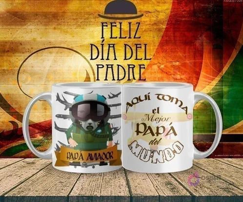 Mockup de taza sublimada Día del Padre con diseño de 'Papá Aviador' con casco de piloto y gafas, y el texto 'Aquí toma el Mejor Papá del Mundo'.