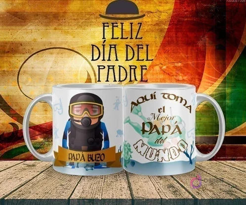 Mockup de taza sublimada Día del Padre con diseño de 'Papá Buzo' con traje de neopreno y equipo de buceo, y el texto 'Aquí toma el Mejor Papá del Mundo'.