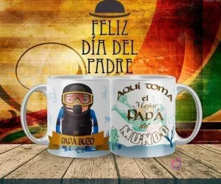 Mockup de taza sublimada Día del Padre con diseño de 'Papá Buzo' con traje de neopreno y equipo de buceo, y el texto 'Aquí toma el Mejor Papá del Mundo'.