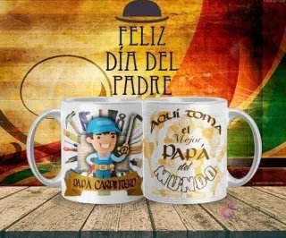 Mockup de taza sublimada Día del Padre con diseño de 'Papá Carpintero' con herramientas y gorra, y el texto 'Aquí toma el Mejor Papá del Mundo'.