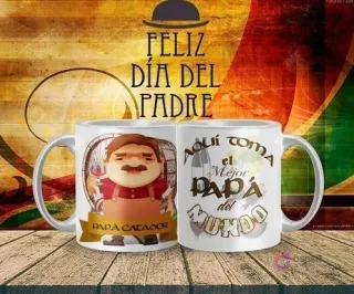 Mockup de taza sublimada Día del Padre con diseño de 'Papá Catador' disfrutando de un vino, y el texto 'Aquí toma el Mejor Papá del Mundo'.