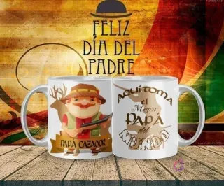 Mockup de taza sublimada Día del Padre con diseño de 'Papá Cazador' con rifle y ciervo, y el texto 'Aquí toma el Mejor Papá del Mundo'.