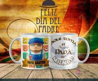 Mockup de taza sublimada Día del Padre con diseño de 'Papá Gasfiter' con herramientas de fontanería, y el texto 'Aquí toma el Mejor Papá del Mundo'.