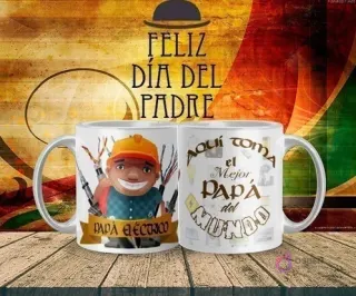 Mockup de taza sublimada Día del Padre con diseño de 'Papá Eléctrico' rodeado de cables y herramientas, y el texto 'Aquí toma el Mejor Papá del Mundo'.