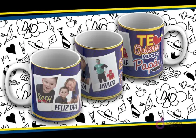 Maqueta de taza sublimada Día del Padre con diseño azul y morado, foto de padre e hijo, texto 'Feliz Día' y 'Te Quiero Mucho Papá' en estilo cómic.