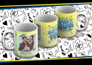 Maqueta de taza sublimada Día del Padre con diseño verde y lunares, foto de padre y hija, texto 'Feliz Día' y 'Super Papá' en burbuja cómic.