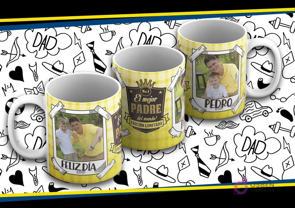 Maqueta de taza sublimada Día del Padre con diseño amarillo a cuadros, foto de padre e hijo, texto 'Feliz Día' y 'El Mejor Padre del Mundo'.