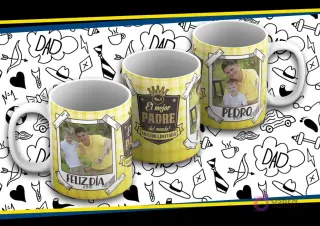 Maqueta de taza sublimada Día del Padre con diseño amarillo a cuadros, foto de padre e hijo, texto 'Feliz Día' y 'El Mejor Padre del Mundo'.