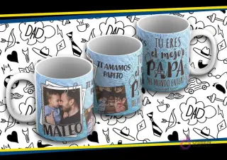 Maqueta de taza sublimada Día del Padre con diseño azul ondulado, foto de padre y bebé, texto 'Te Amamos Papito' y 'Tu Eres el Mejor Papá'.