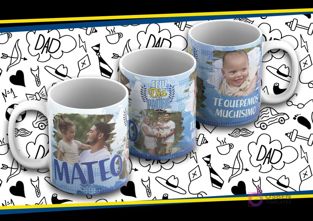 Maqueta de taza sublimada Día del Padre con diseño azul claro y nubes, foto de familia, texto 'Feliz Día del Padre' y 'Te Queremos Muchísimo'.