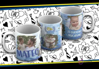 Maqueta de taza sublimada Día del Padre con diseño azul claro y nubes, foto de familia, texto 'Feliz Día del Padre' y 'Te Queremos Muchísimo'.