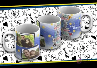 Maqueta de taza sublimada Día del Padre con diseño azul oscuro y estrellas, fotos de padre y hija, texto 'Mi Héroe' y 'Lucas Te Amo Papá'.