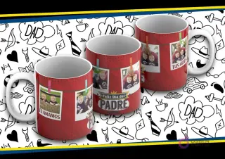 Maqueta de taza sublimada Día del Padre con diseño rojo y lunares, fotos de niños estilo polaroid con pinzas, texto 'Feliz Día del Padre' y 'Te Amamos'.