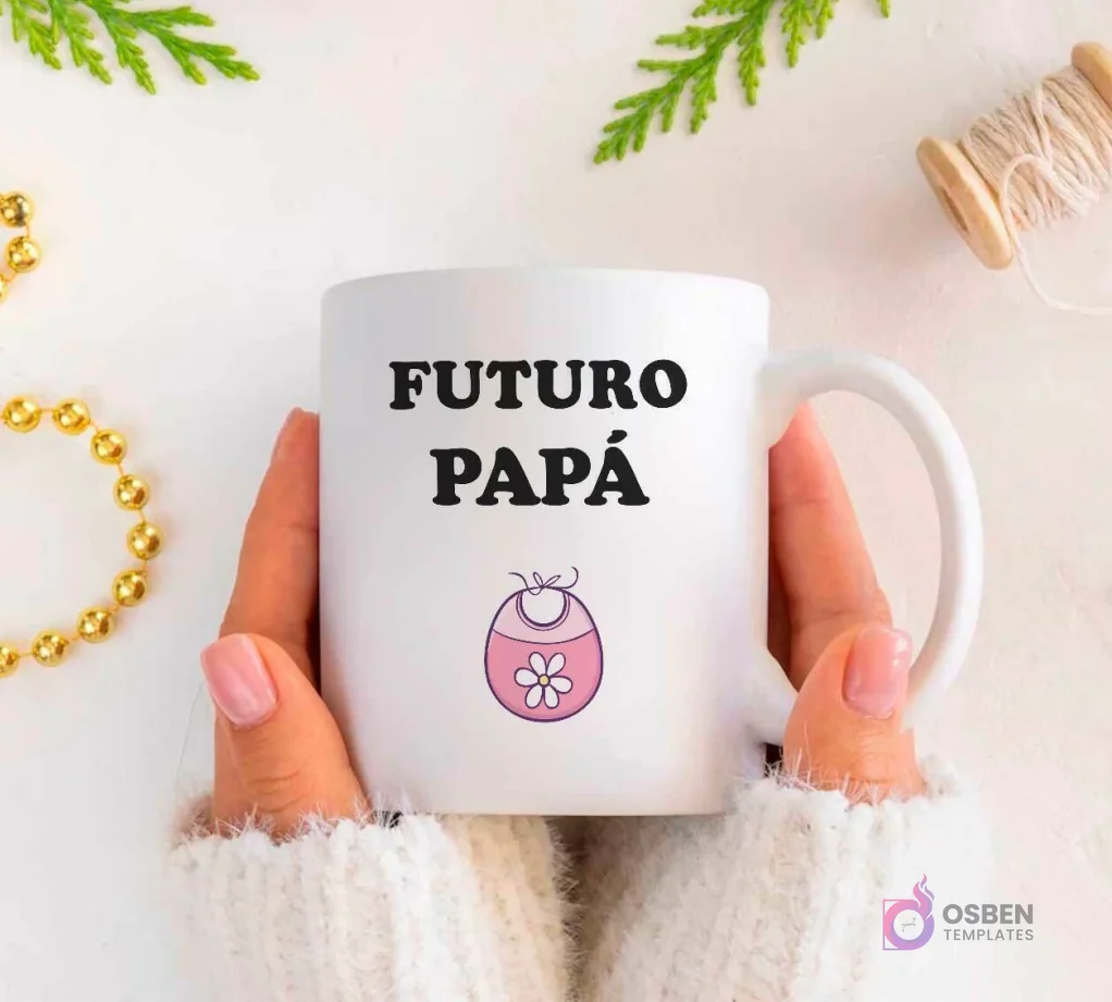 Plantilla de sublimación para taza 'Futuro Papá' con diseño de babero de bebé rosa y flor