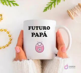Plantilla de sublimación para taza 'Futuro Papá' con diseño de babero de bebé rosa y flor