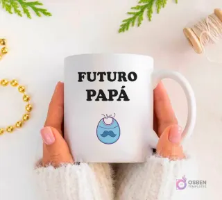 Plantilla de sublimación para taza 'Futuro Papá' con diseño de babero de bebé azul y bigote